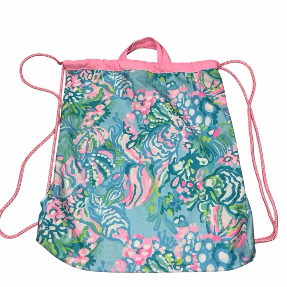 Lilly Pulitzer Blue Ibiza Aqua La Vista Drawstring Canvas Backpack Beach Bag